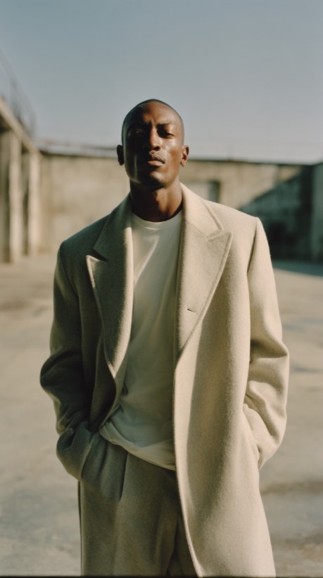 A model in an oversized cream wool coat against a concrete wall